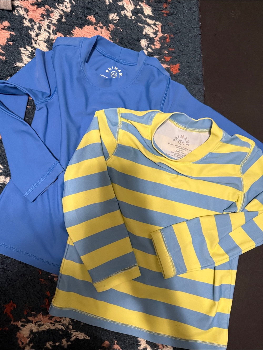 Primary Blue Solid & Yellow/Blue Striped Kids Swim Rashguards